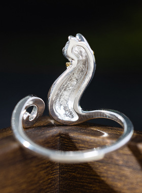 云尚服饰s925银个性猫咪戒指女胖猫钩针带线小猫指环活口手饰品