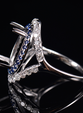 于凡珠宝 925银椭圆蓝宝石钻石戒指女满天星围镶时尚定制指环空托