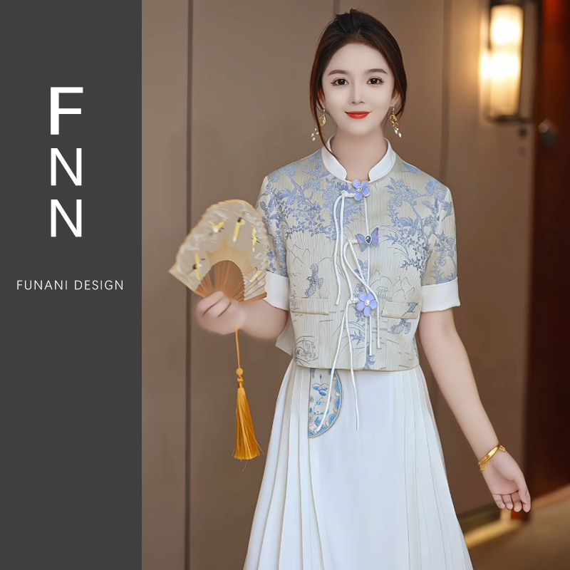 芙娜妮青花瓷设计感新中式短袖半身裙时尚小个子两件套女F2410938 - 图0