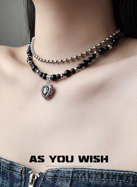 黑色不规则钢珠双层叠戴爱心项链