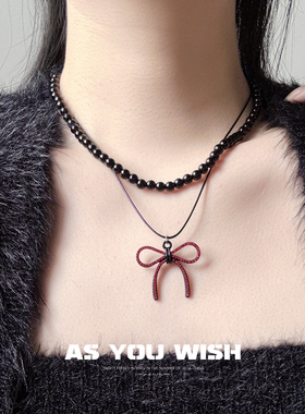 双层红钻蝴蝶结黑色串珠项链