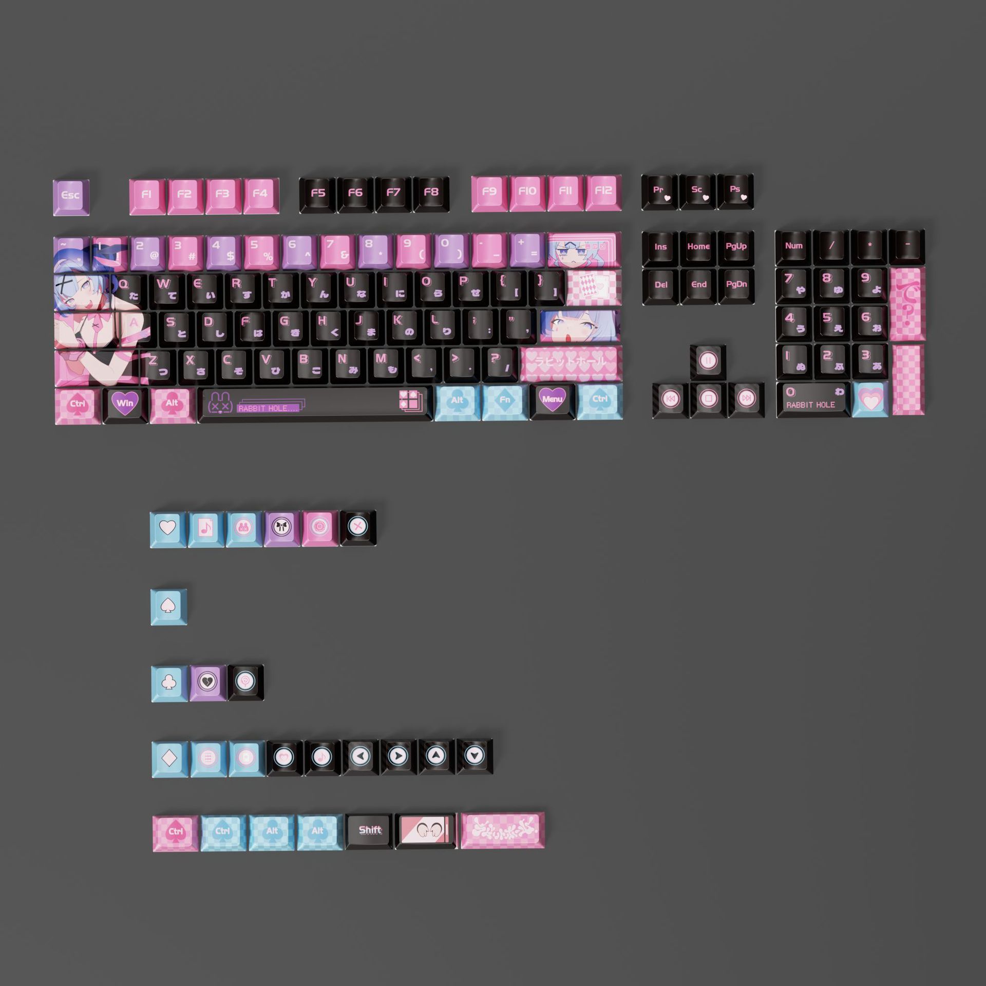 粉色键帽动漫兔子洞PTB热升华材质132键全键原厂高度机械键盘键帽 - 图3