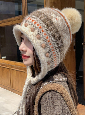 女款毛线帽百搭保暖针织护耳帽子韩版秋冬季新款加绒加厚毛球帽子