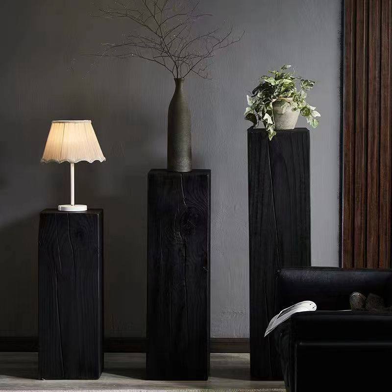 侘寂风碳化木墩玄关摆件花架艺术底座实木方形木头黑色木墩子边几,淘宝优惠券,粉丝福利购,淘宝优惠卷