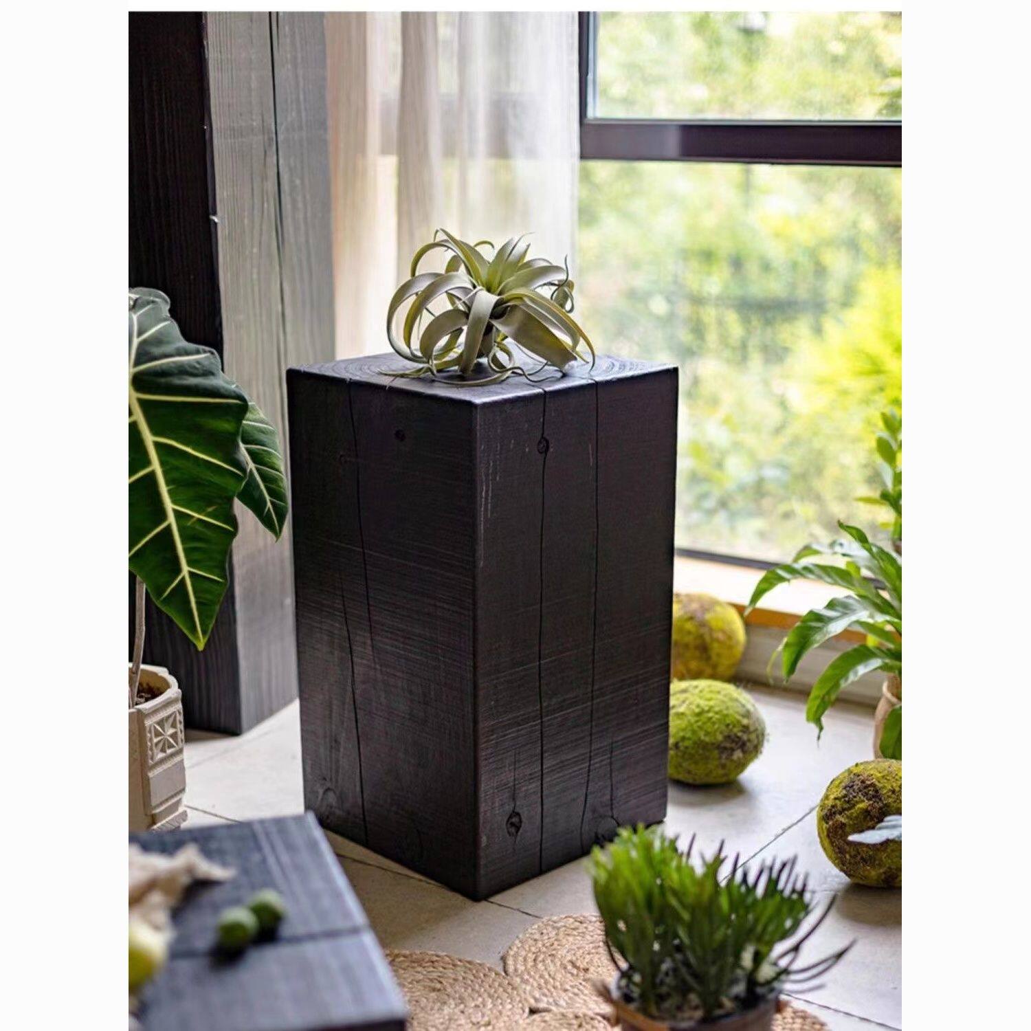 侘寂风碳化木墩玄关摆件花架艺术底座实木方形木头黑色木墩子边几,淘宝优惠券,粉丝福利购,淘宝优惠卷