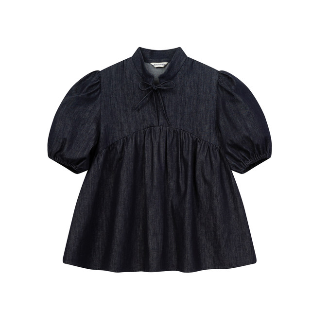 Denim Puff Sleeve Stand Collar Short Sleeve New Chinese Style Top for Women