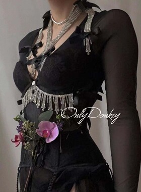 OnlyDonkey手工自制selki*同款辣妹钻石蝴蝶结流苏链条身体链胸衣