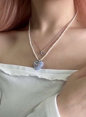 MARSEVEN 闪光的心2系列蓝纹玛瑙爱心煳蝶结双层项链原创S925银