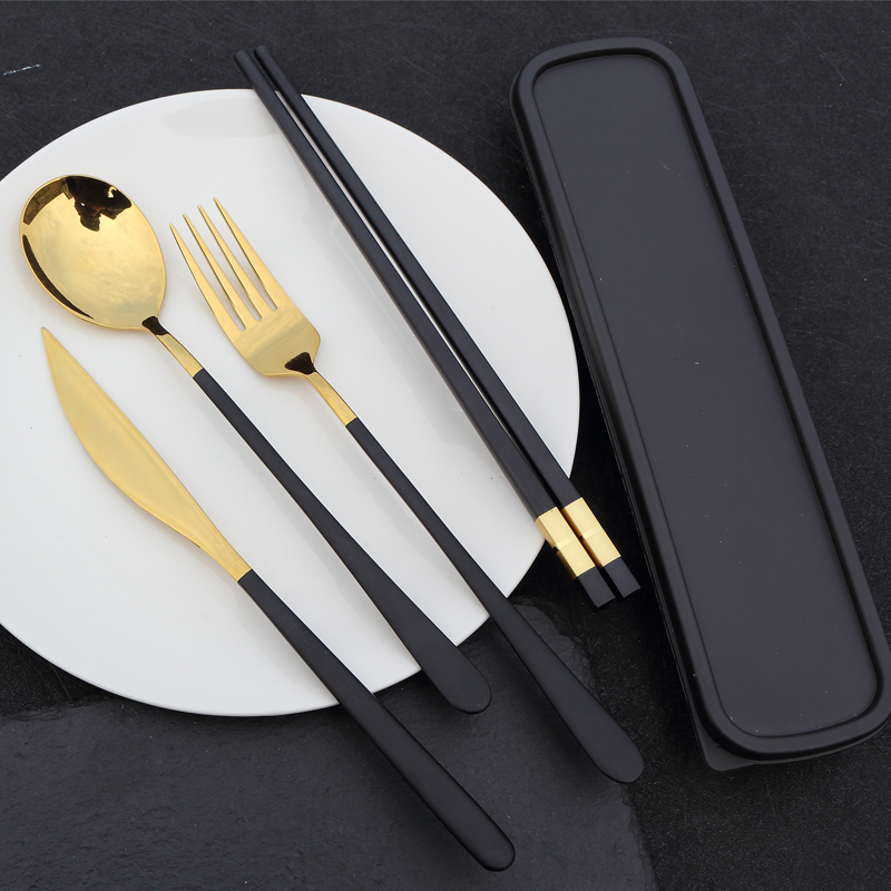 筷子勺子套装304不锈钢牛排刀叉勺两件套韩式三四学生便携餐具盒