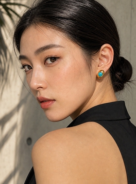 绿松石色弯钩耳环女轻奢气质耳钉