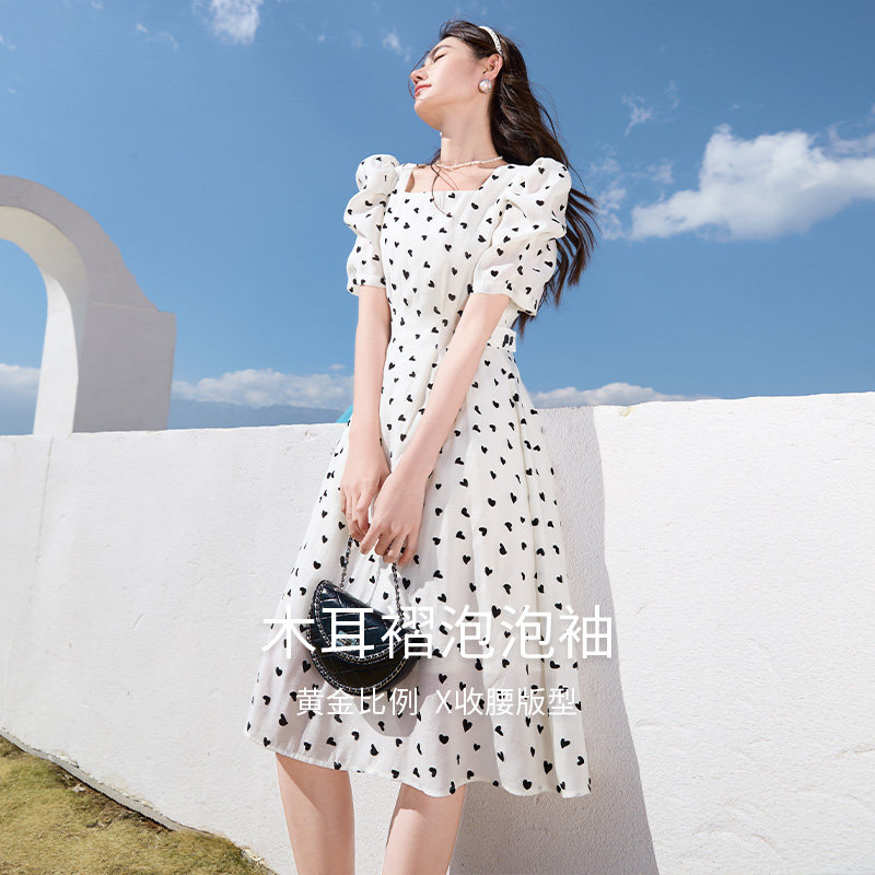 香影泡泡袖女2023夏装新款连衣裙 香影连衣裙