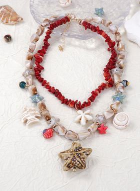 跨境海洋度假双层叠戴松石陶瓷海星小鱼吊坠女项链