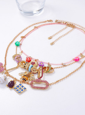 ZA轻奢潮流清新简约合金镶锆石爱心动物吊坠多层项链necklace项链