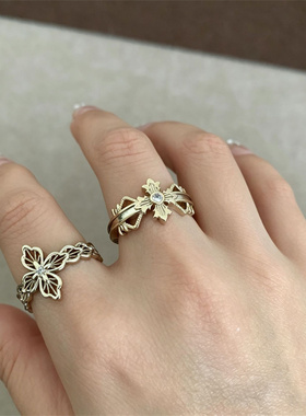 咖啡金十字花朵几何开口戒指女 ins百搭小众设计十字架锆石指环戒
