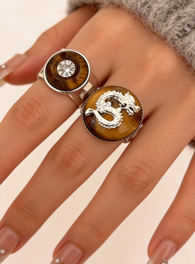 古风尾戒中国龙虎眼石戒指ins冷淡风感淡水珍珠闪钻眼睛叠戴指环