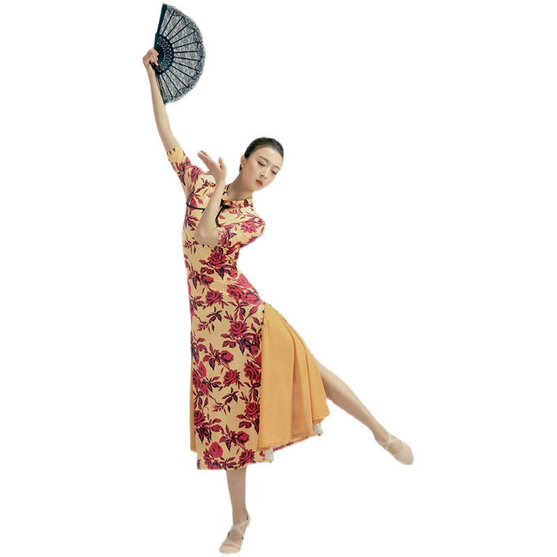 古典舞旗袍舞蹈中国风身韵飘逸表演长裙新款开叉现代舞演出练功服 - 图3