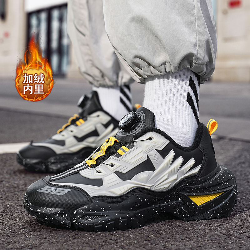 冬季加绒男鞋旋转纽扣防水老爹鞋青少年厚底运动鞋学生增高机甲鞋 - 图1