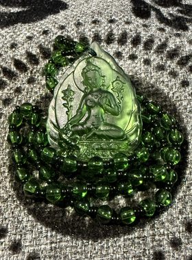 绿度母心琉璃玻璃墨绿挂件结缘吊坠吉祥男女可带挂件佩戴车挂项链