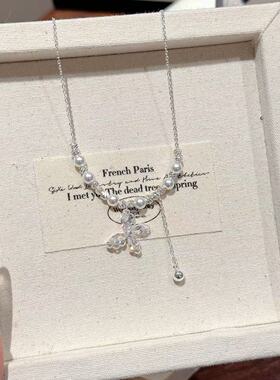 蝴蝶蕾丝花边珍珠吊坠项链女超闪轻奢高级感锁骨链精致气质项链