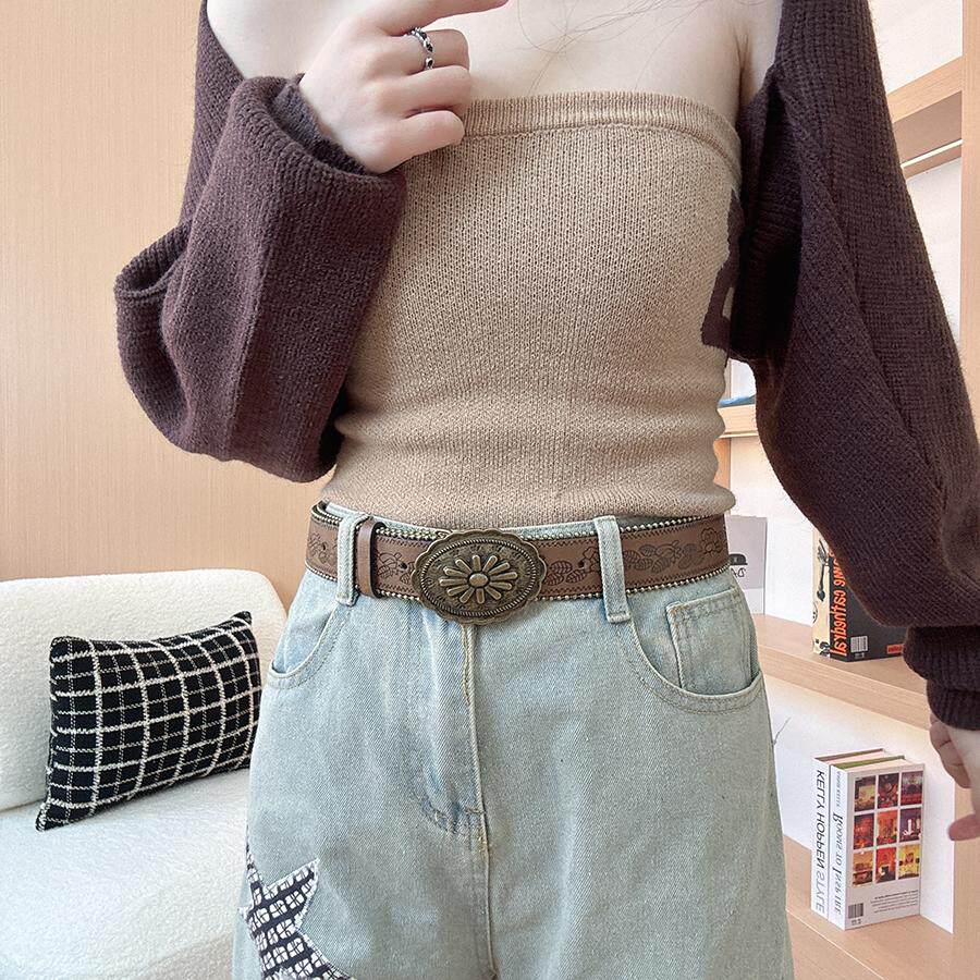复古风女士腰带辣妹做旧亚文化小众百搭个性金属雕花扣皮带车边珠