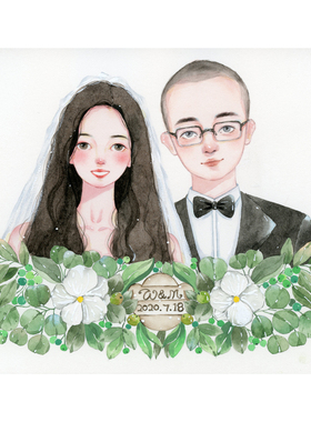 圣诞节情侣纯手绘婚礼画像定制