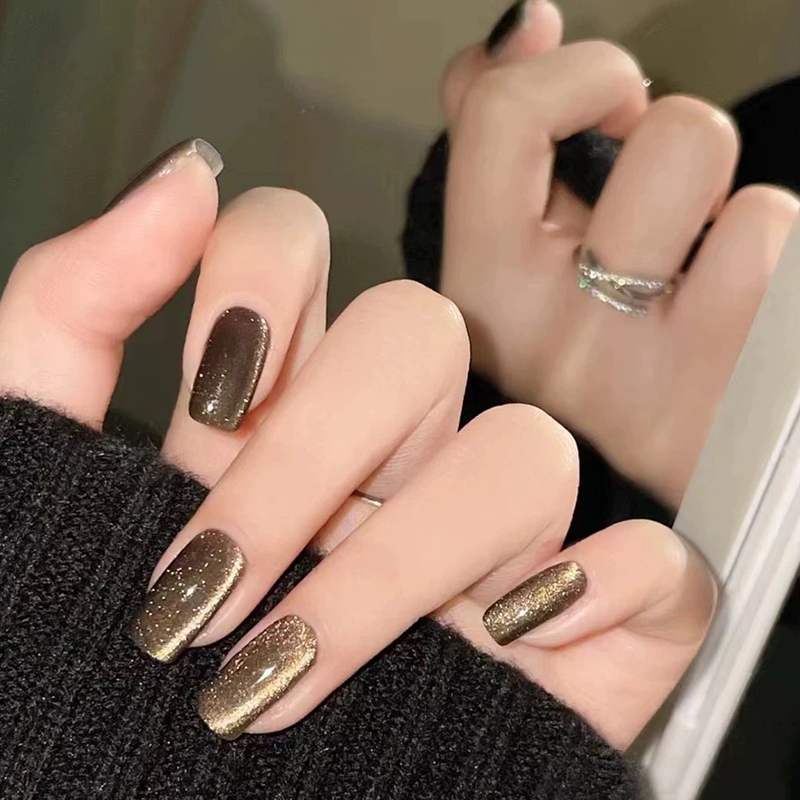 Lilynail秋冬美拉德琥珀棕猫眼手工穿戴甲高级感美甲贴短款指甲贴 - 图0