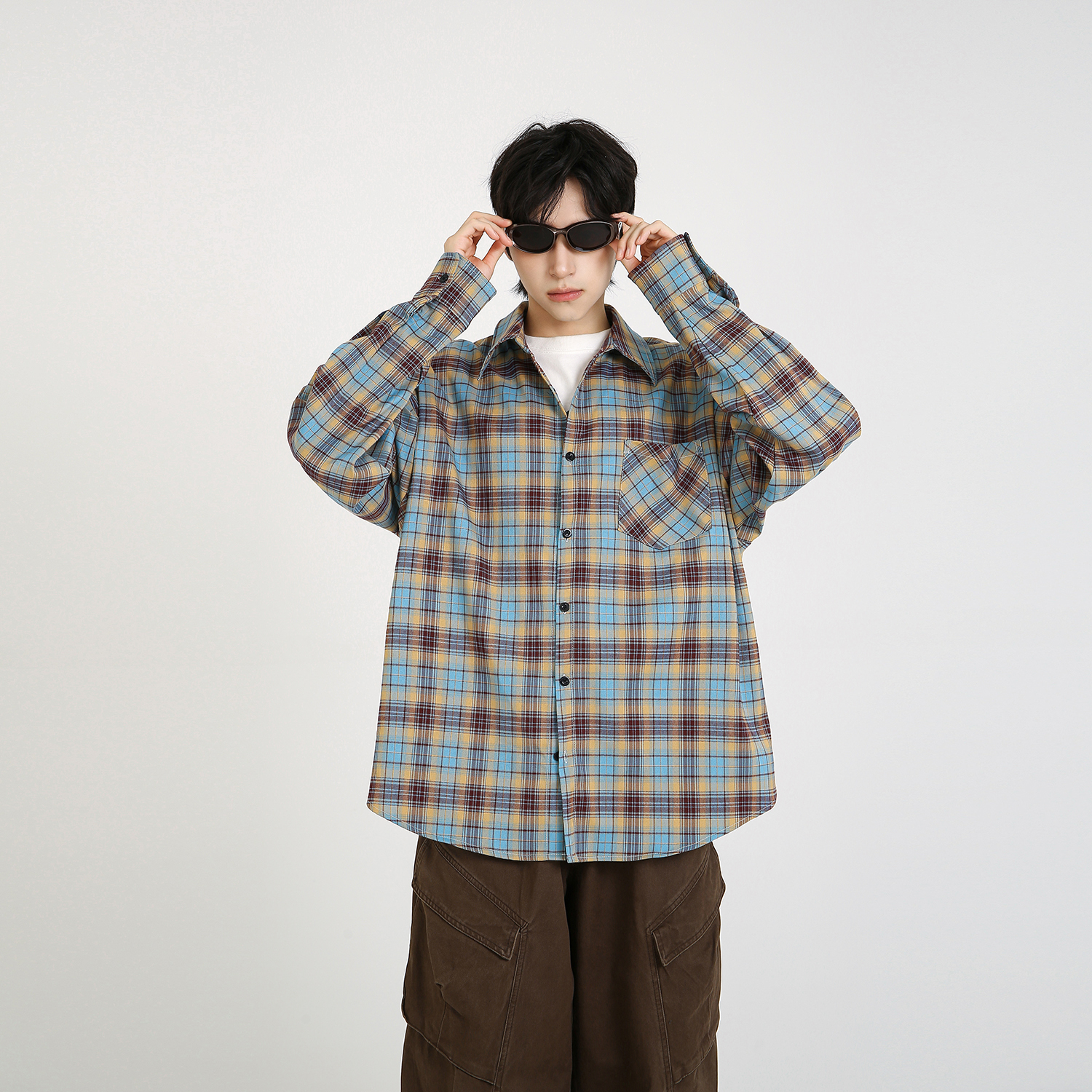 NineteenAutumn渐变格子衬衫宽松阔版休闲上衣长袖衬衣复古美式男 - 图0