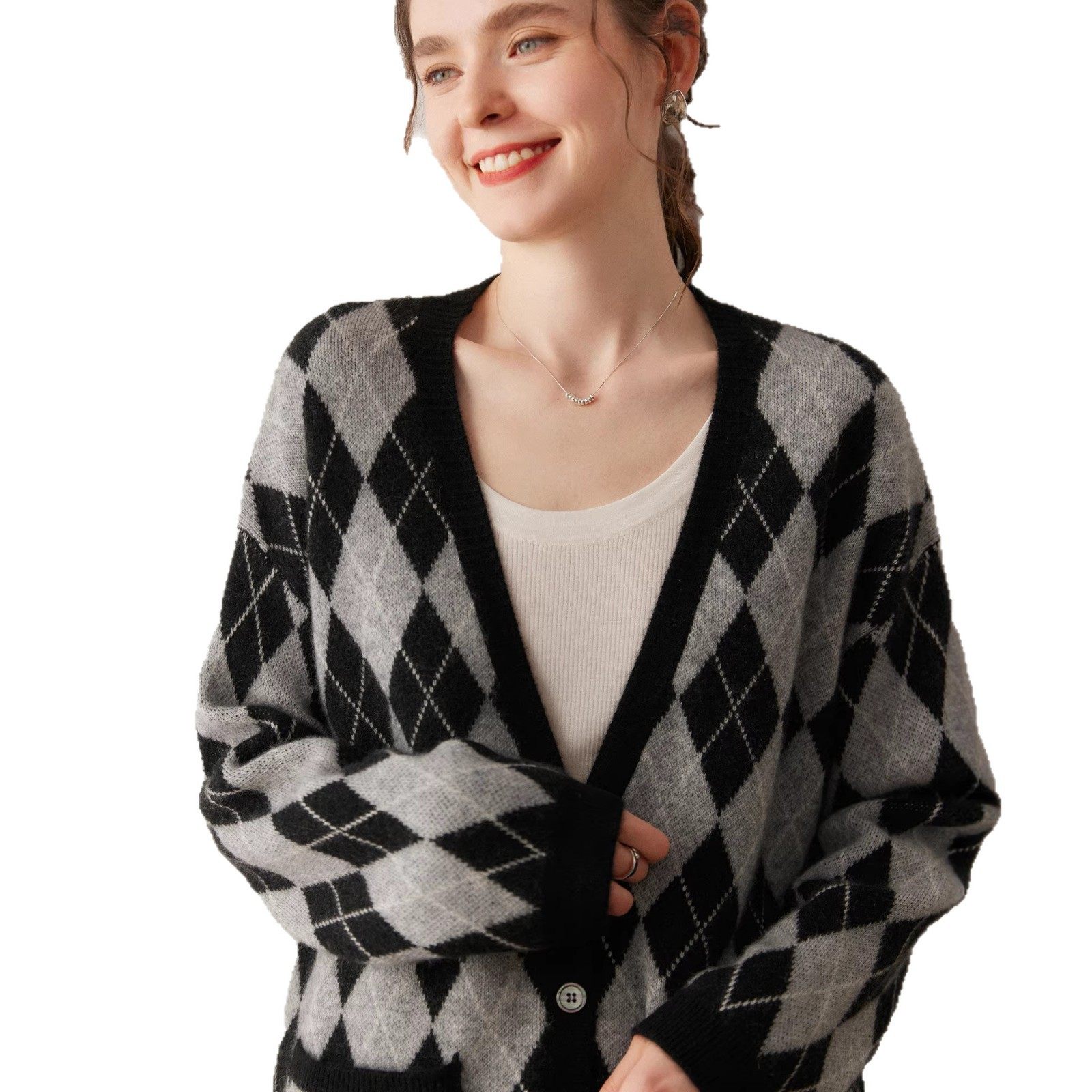 大菱形格拼色V领羊绒开衫女秋冬加厚宽松中长款外搭毛衣针织外套,淘宝优惠券,粉丝福利购,淘宝优惠卷