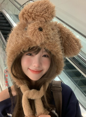 会动毛绒绒小狗狗保暖帽子