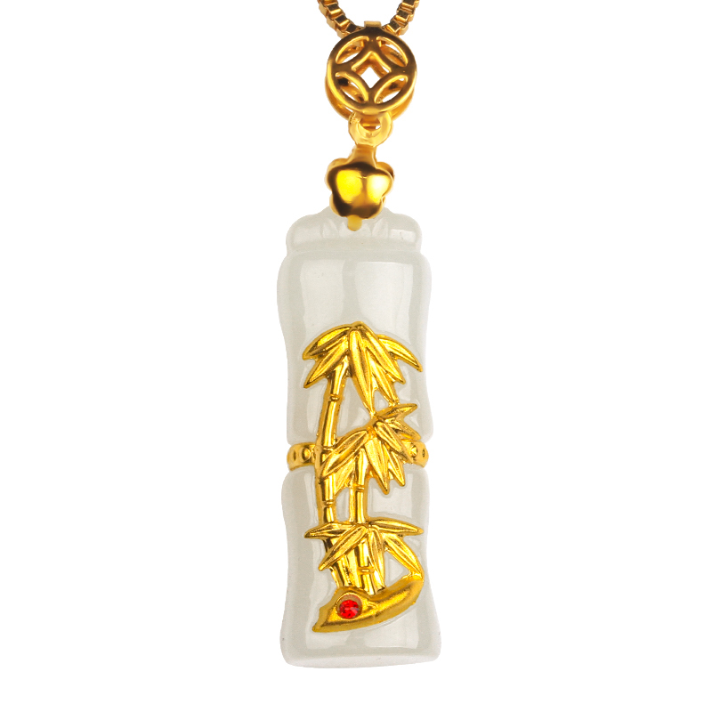 天然和田玉吊坠黄金镶玉竹子玉石 鸿涛项坠/吊坠