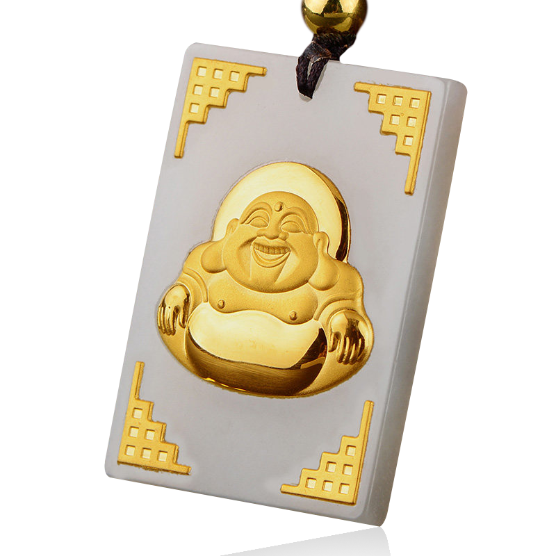 黄金镶玉观音和田玉女情侣款吊坠 鸿涛项坠/吊坠