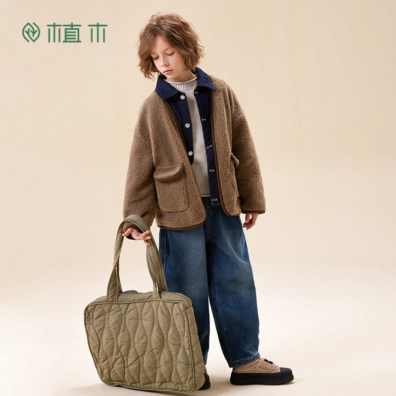 植木童装加厚牛仔拼接仿羊羔绒男童棉服中大童2025冬新款儿童外套,淘宝优惠券,粉丝福利购,淘宝优惠卷