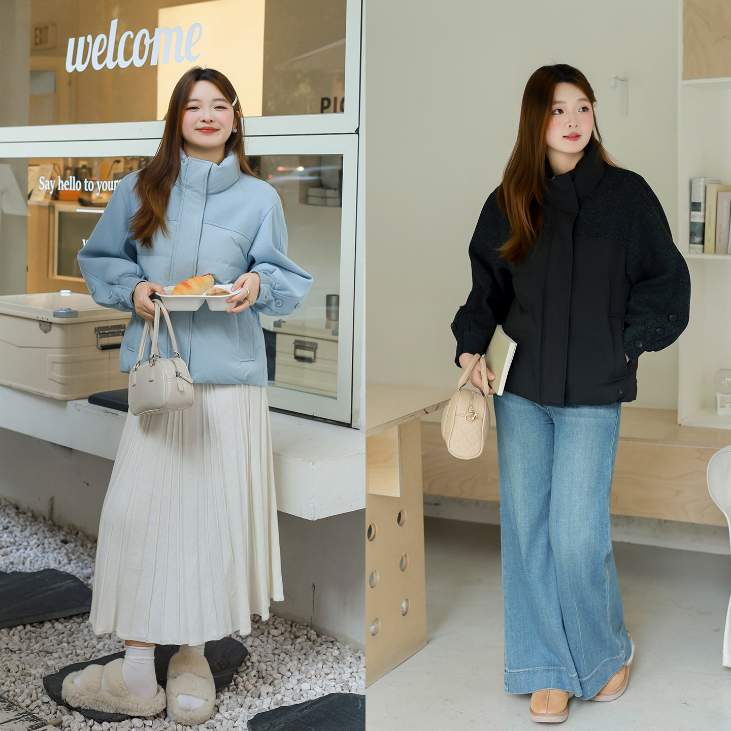 DM100大码百分百女装微胖mm冬季毛呢拼接防风立领短款轻薄羽绒服