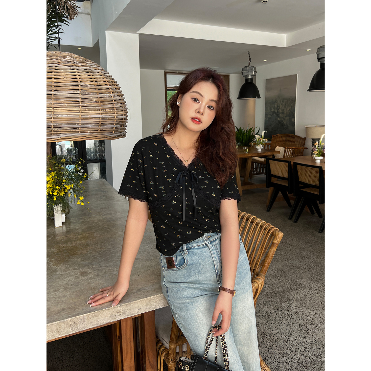 DM100大码百分百女装夏微胖mmV领T恤蝴蝶结短袖上衣通勤百搭