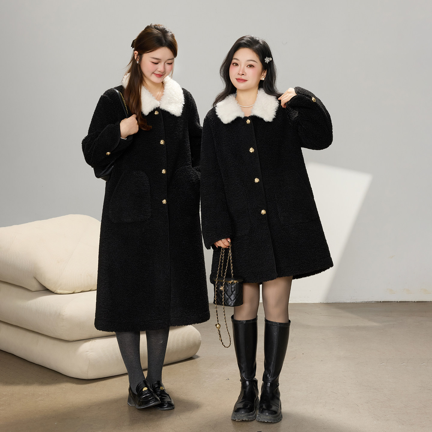 DM100大码百分百女装微胖mm冬季撞色翻领加厚皮毛一体长短款外套,淘宝优惠券,粉丝福利购,淘宝优惠卷