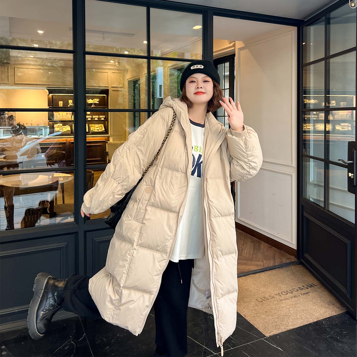 DM100大码百分百女装微胖mm冬季新款保暖连帽长款加厚羽绒服外套 - 图3