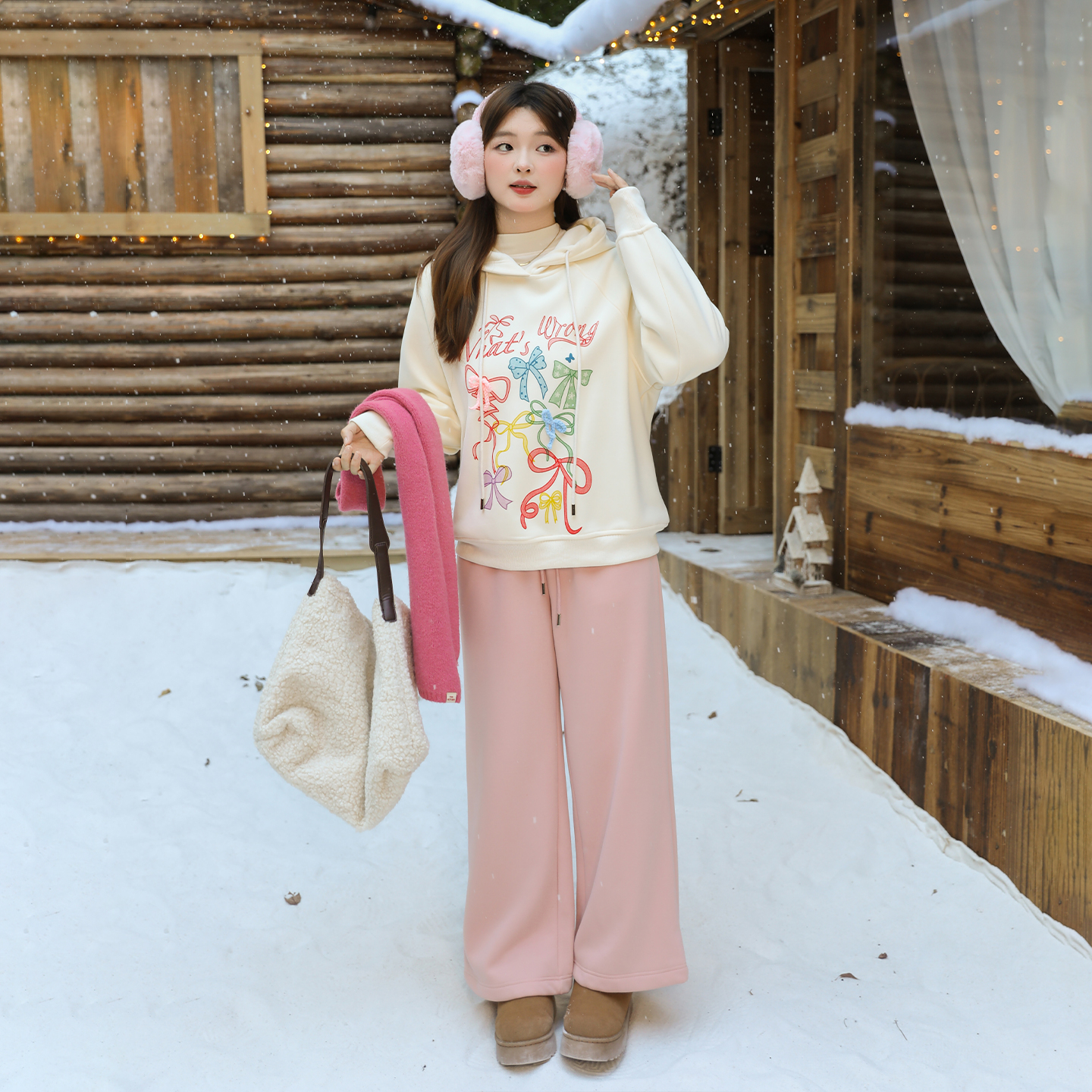 DM100大码百分百女装微胖mm冬季蝴蝶结印花加绒连帽卫衣卫裤套装 - 图1