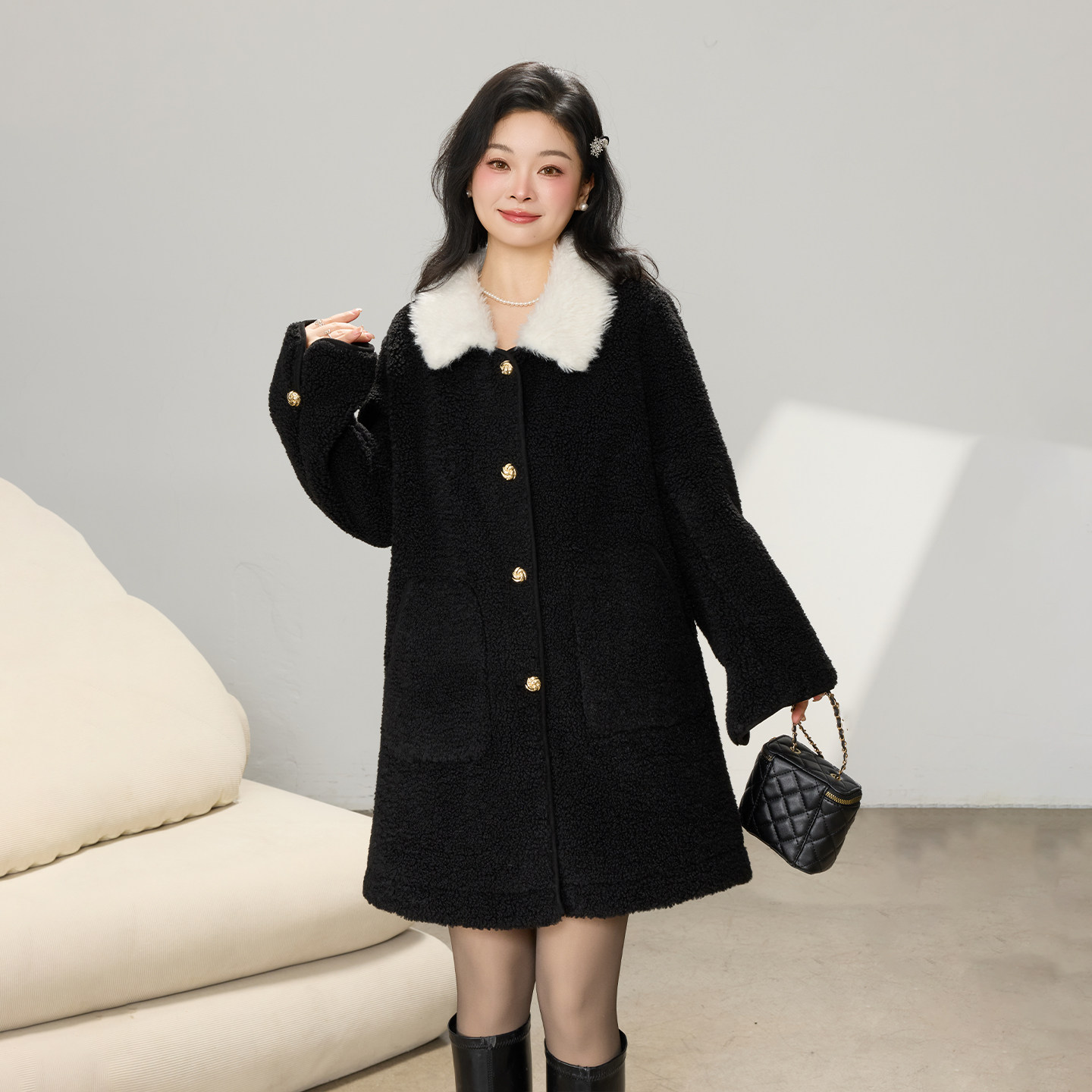 DM100大码百分百女装微胖mm冬季撞色翻领加厚皮毛一体长短款外套,淘宝优惠券,粉丝福利购,淘宝优惠卷