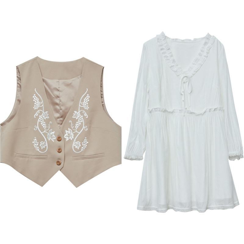 DM100大码百分百女装秋季微胖mm重工刺绣马甲百搭蕾丝小白裙套装,淘宝优惠券,粉丝福利购,淘宝优惠卷