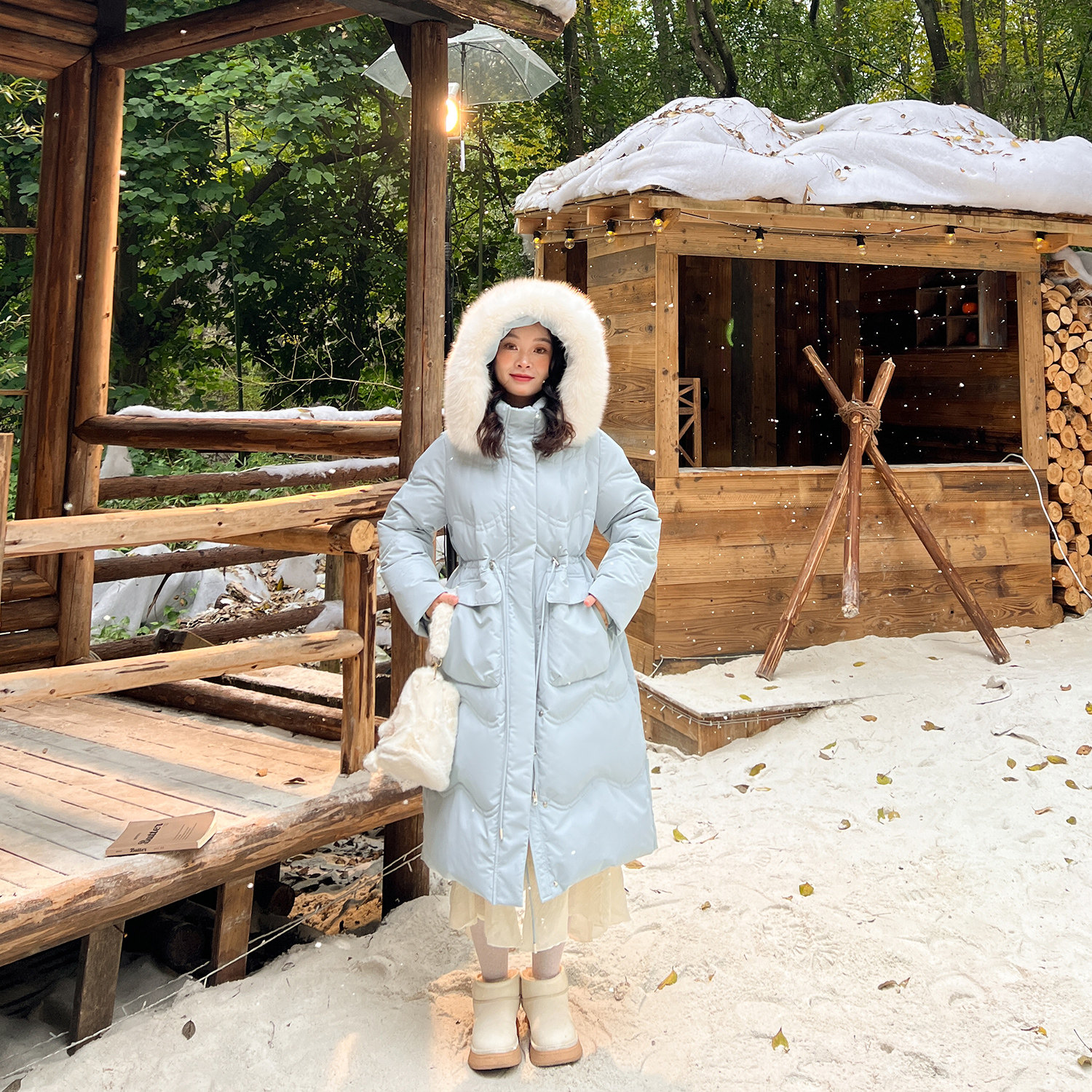 DM100大码百分百微胖mm女装冬真狐狸毛领三防长款加厚羽绒服外套