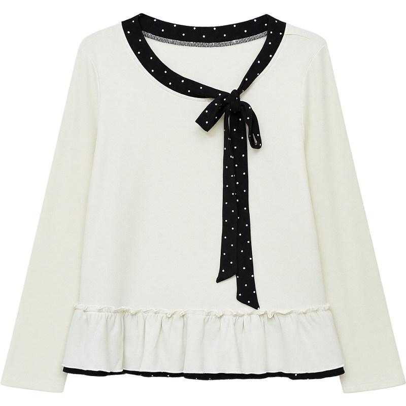 DM100大码百分百女装微胖mm冬季撞色波点系带收腰双层花边打底T恤,淘宝优惠券,粉丝福利购,淘宝优惠卷