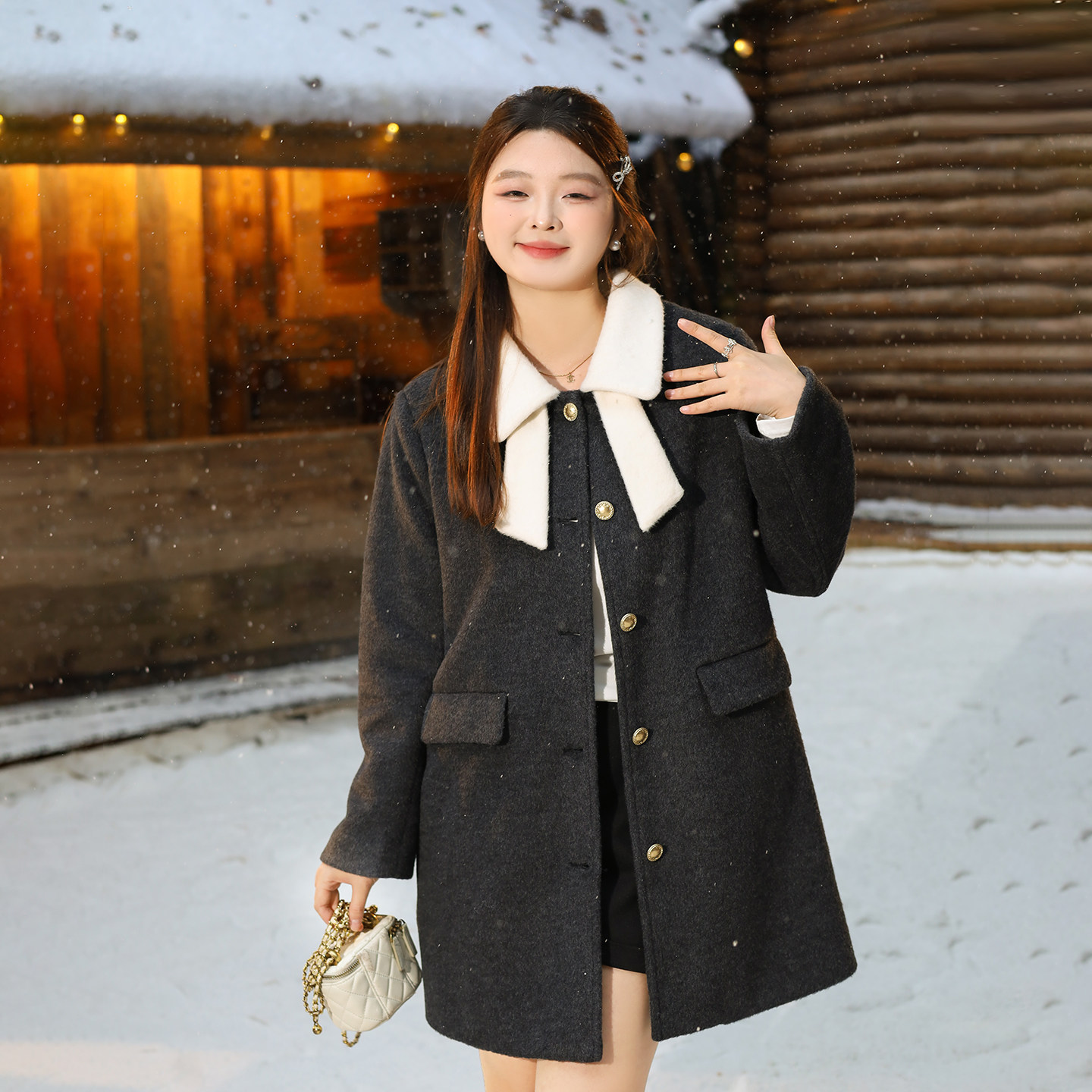 DM100大码百分百女装微胖mm冬季甜美撞色娃娃领A版中长款毛呢外套,淘宝优惠券,粉丝福利购,淘宝优惠卷