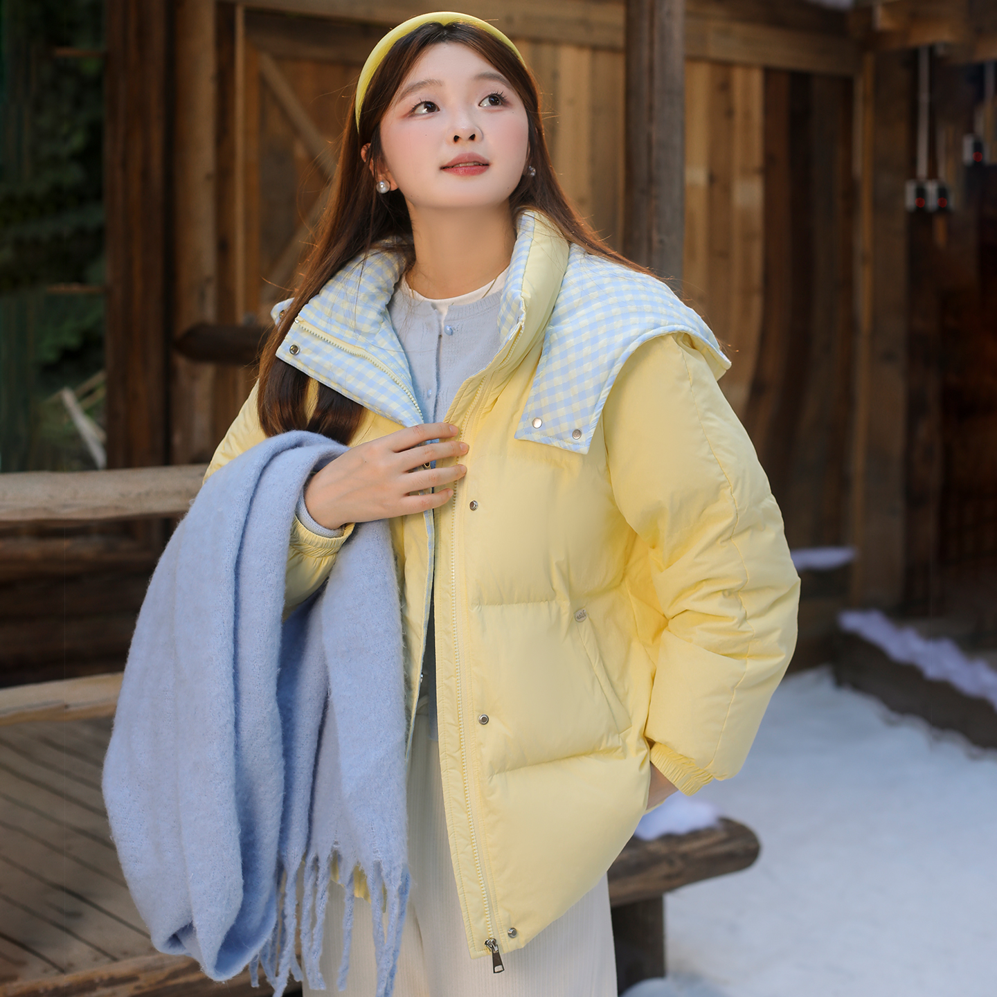 DM100大码百分百女装微胖mm冬季甜美保暖撞色格纹拼接羽绒服外套 - 图2