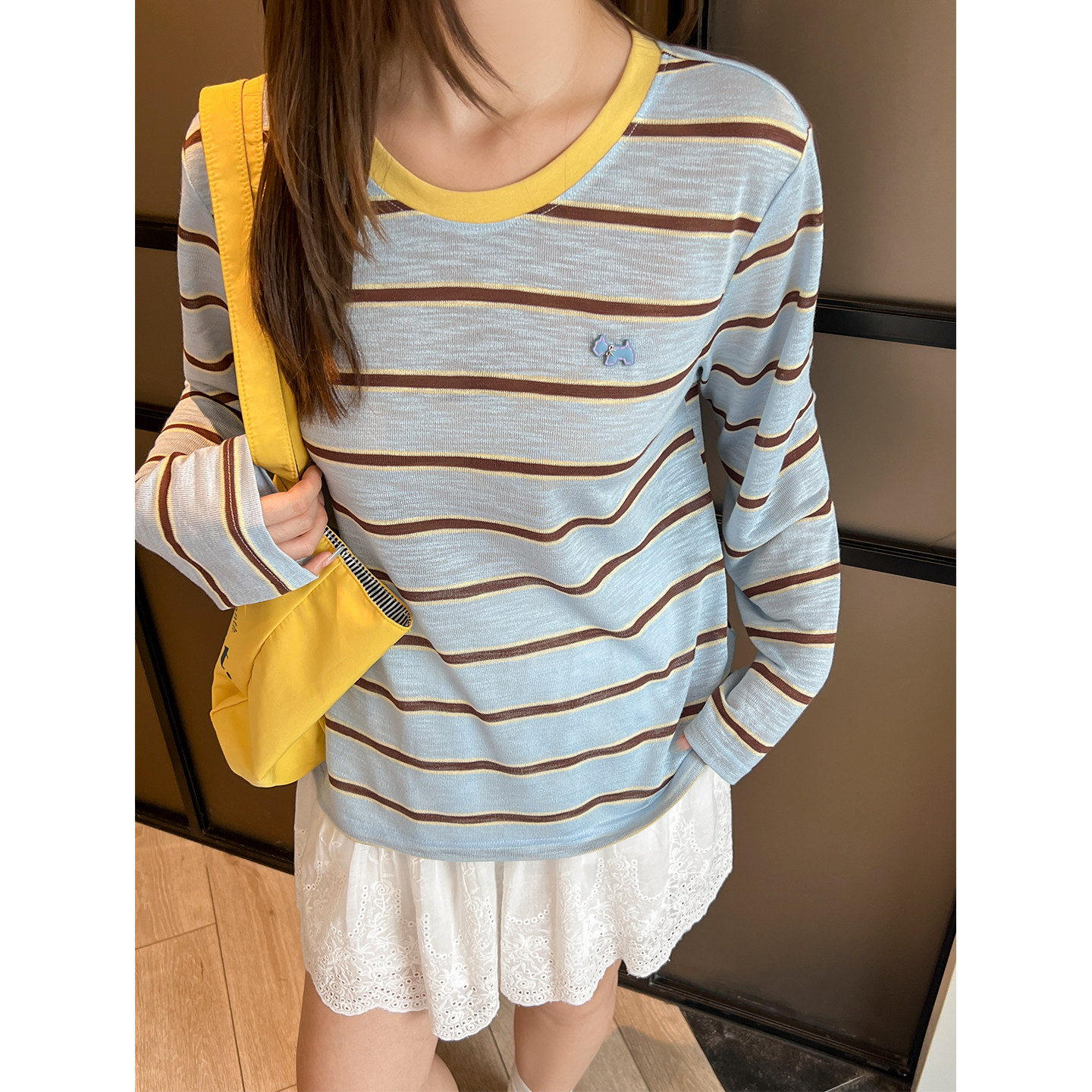 【年终清仓】DM100大码女装秋季显瘦百搭圆领长袖条纹撞色领T恤,淘宝优惠券,粉丝福利购,淘宝优惠卷