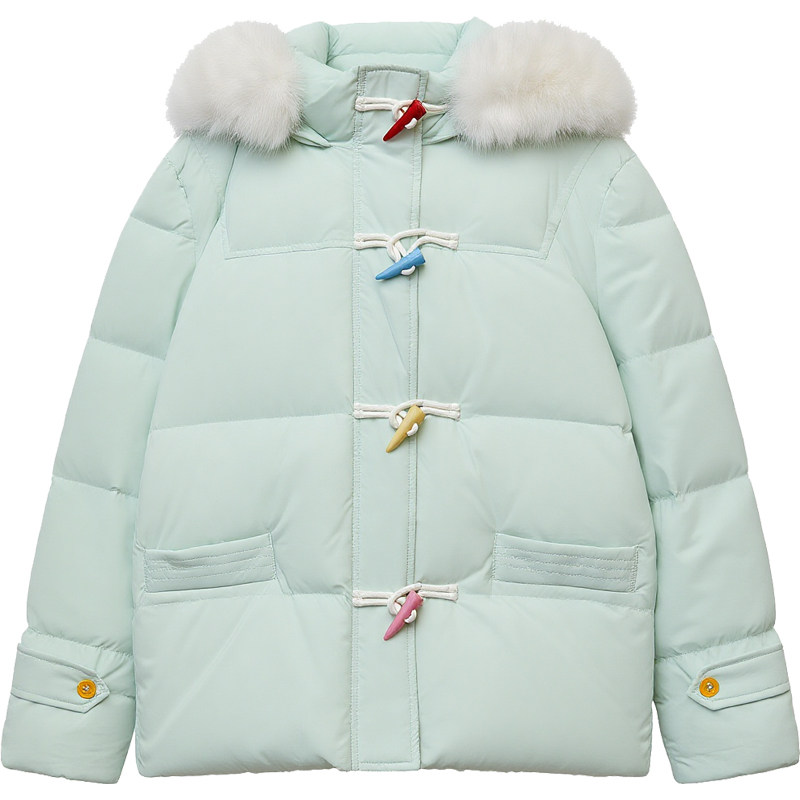 【年终清仓】DM100大码女装微胖mm牛角扣连帽长款加厚羽绒服外套,淘宝优惠券,粉丝福利购,淘宝优惠卷