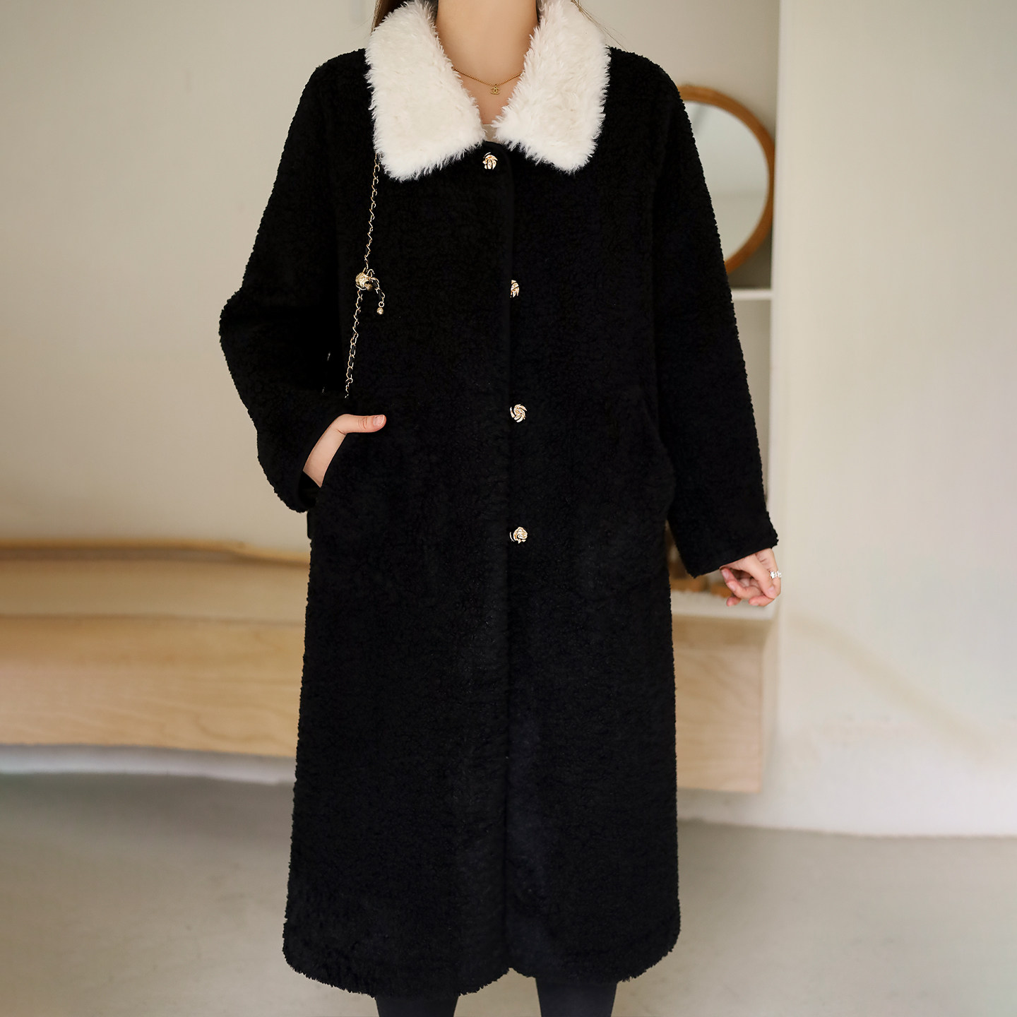 DM100大码百分百女装微胖mm冬季撞色翻领加厚皮毛一体长短款外套,淘宝优惠券,粉丝福利购,淘宝优惠卷