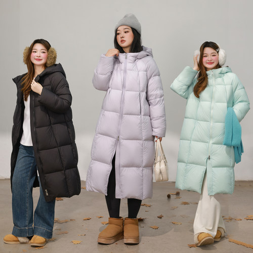 DM100大码百分百女装微胖mm冬季纯色长款插肩加厚连帽羽绒服外套 - 图2