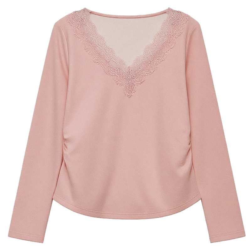 【年终清仓】DM100大码女装冬季蕾丝花边V领收腰修身显瘦内搭T恤,淘宝优惠券,粉丝福利购,淘宝优惠卷