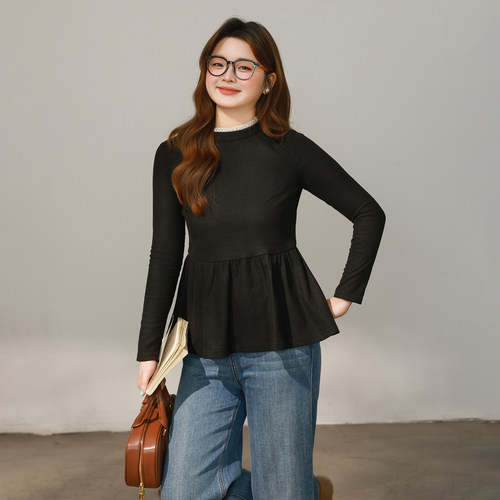 DM100大码百分百女装微胖mm冬季半高领花边收腰散摆打底德绒T恤 - 图0