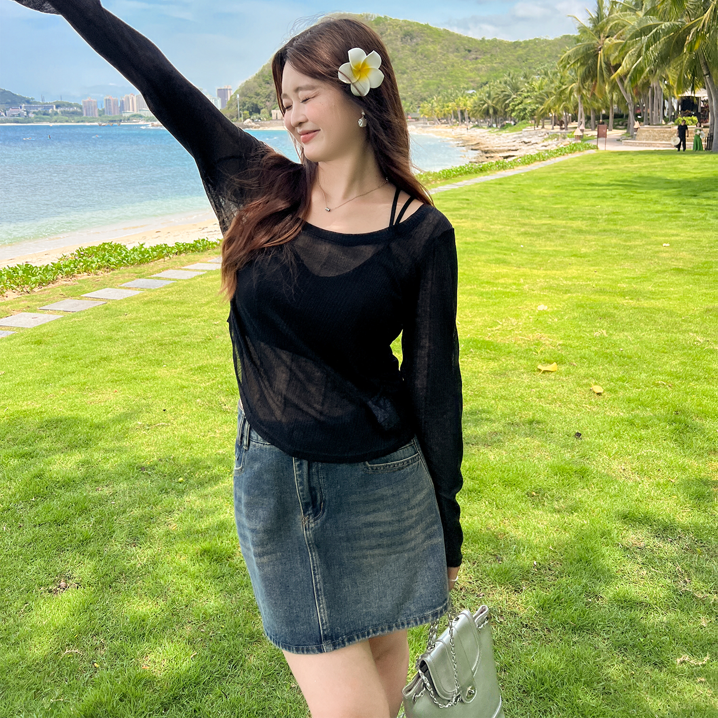 DM100大码百分百女装夏季微胖mm性感纯欲修身微透罩衫黑色针织衫